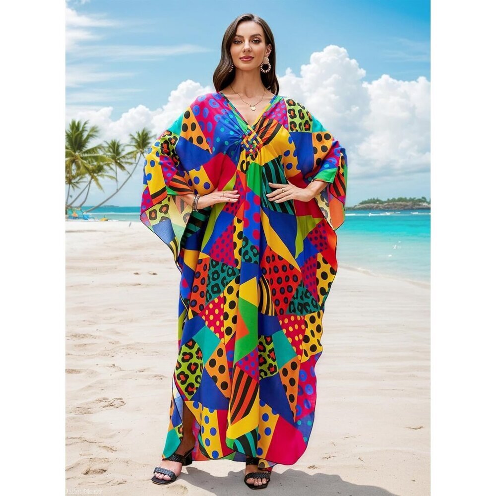 Women Colourful Polka Vneck Batwing Sleeve Flowy Split Hem Bohemian Kaftan Dress - Picture 5 of 6